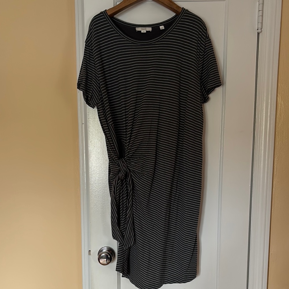 Black and Gray Ruched Tie Front  Dress. Mini Striped, Short Sleeve, Cotton lined